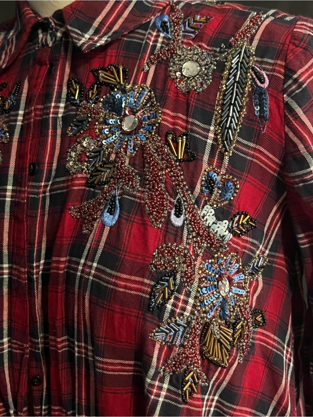 Zara Embroidered Red Plaid Button-Front Shirt - Picture 3 of 9